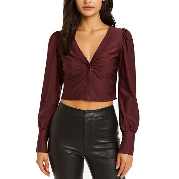 AFRM Plum Satin V Neck Bishop Sleeve Crop Top Size Small - Picture 1 of 6
